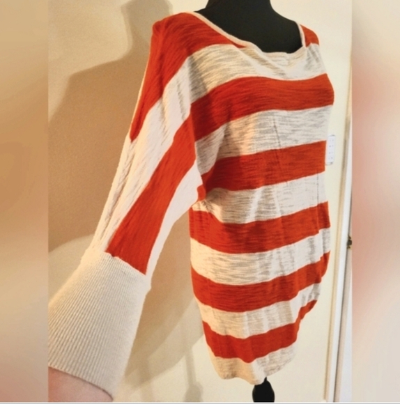 Express Orange & Cream Stripe Sweater W/Sleeves And Ruched Bottom Tie (Size Med) - Picture 8 of 15